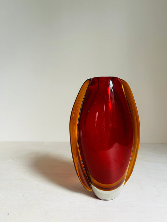1970s Red & Amber Sommerso Style Art Glass Vase