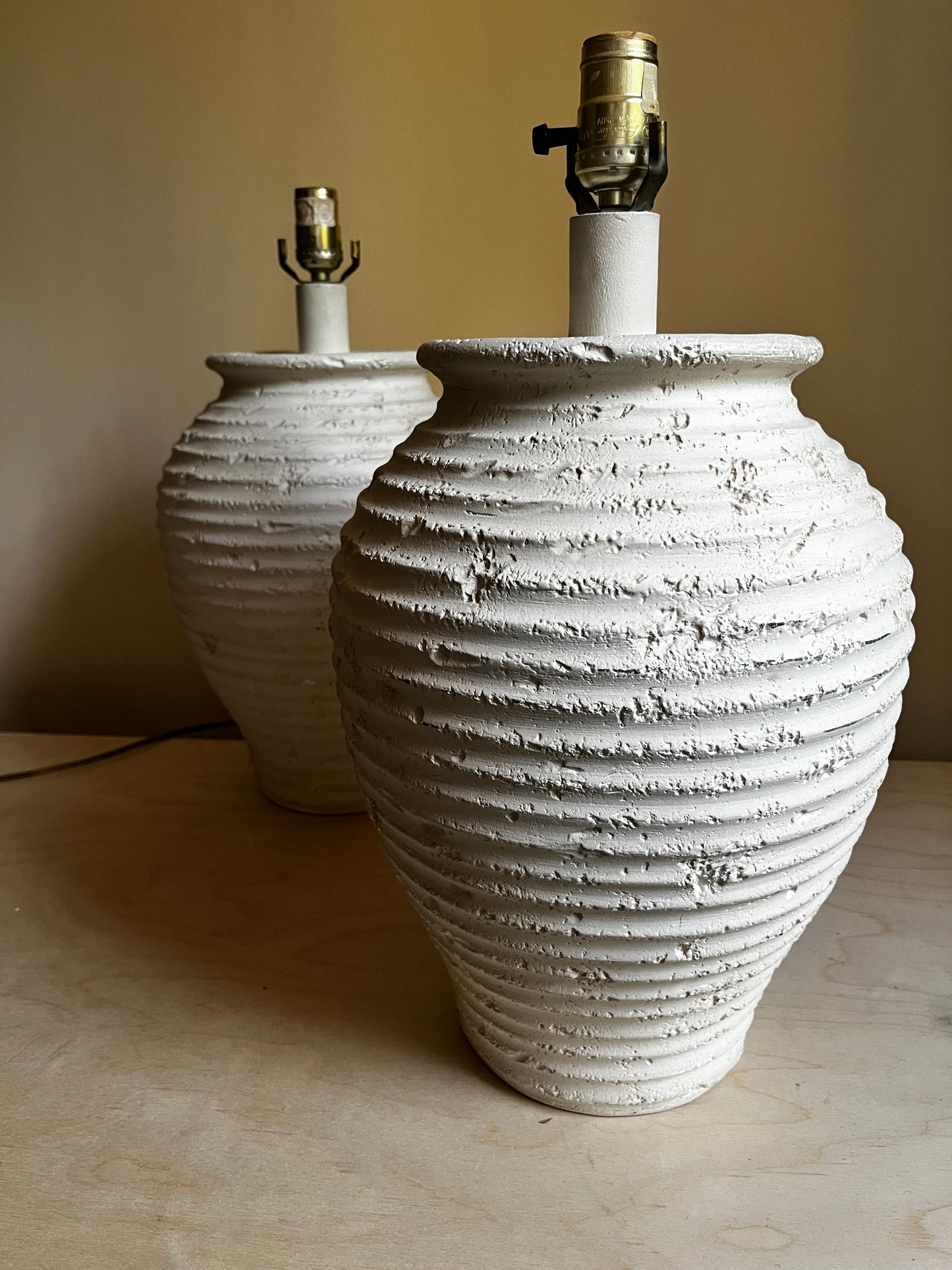 Pair Sculptural Textured Ceramic Table Lamps | 1980s Beehive Organic Modern