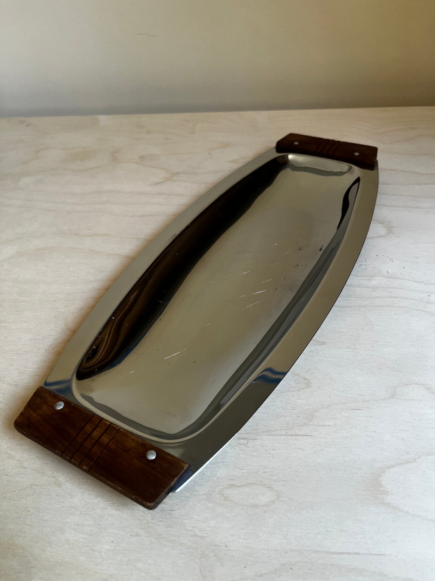 MCM Stainless Steel Serving Tray with Wood Handles | Danish Modern Catch All