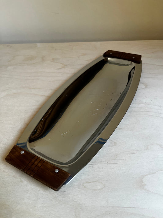 MCM Stainless Steel Serving Tray with Wood Handles | Danish Modern Catch All