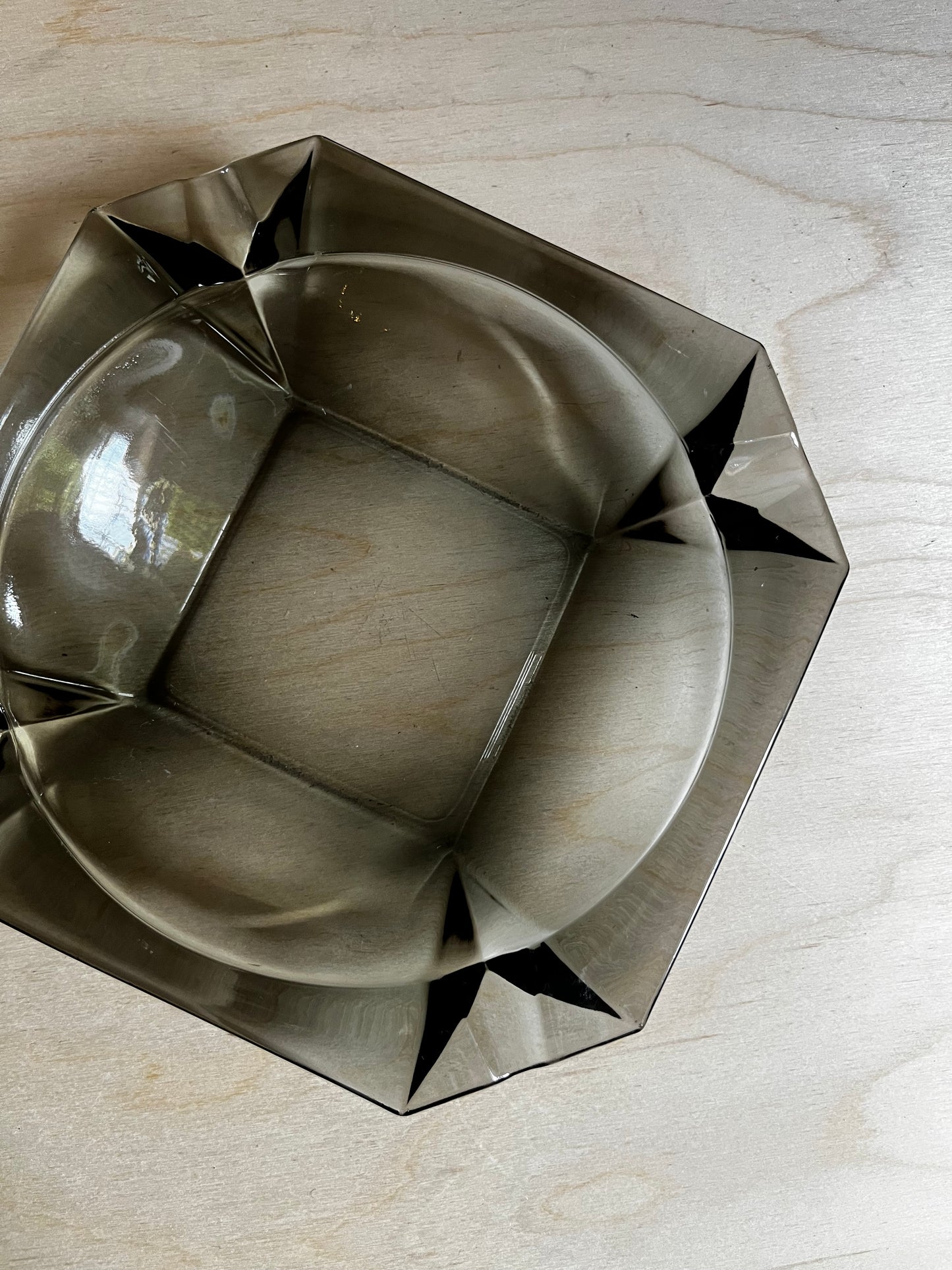 Smoky Glass Geometric Ashtray | Mid Century Modern Catchall Jewelry Dish | Faceted Smoke Glass