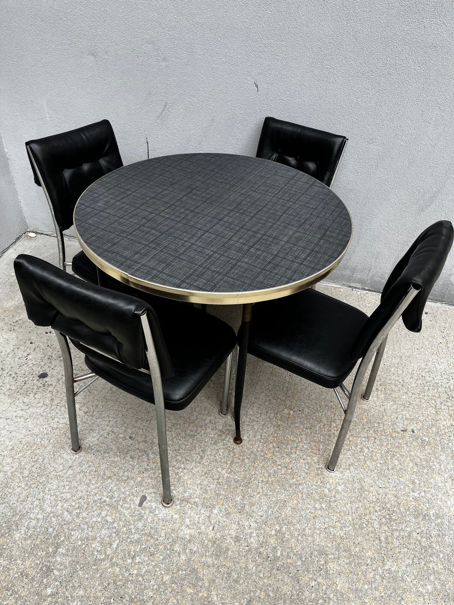 MCM Dinette Set | Round Gray Formica Table + 4 Black Vinyl Chairs