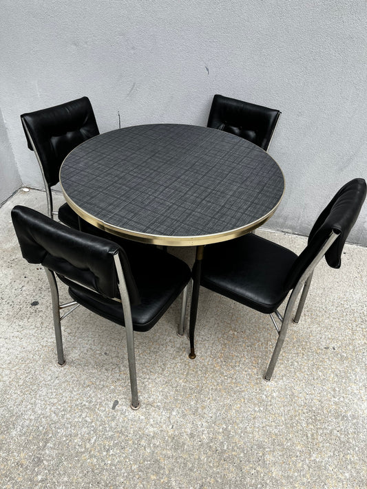 MCM Dinette Set | Round Gray Formica Table + 4 Black Vinyl Chairs