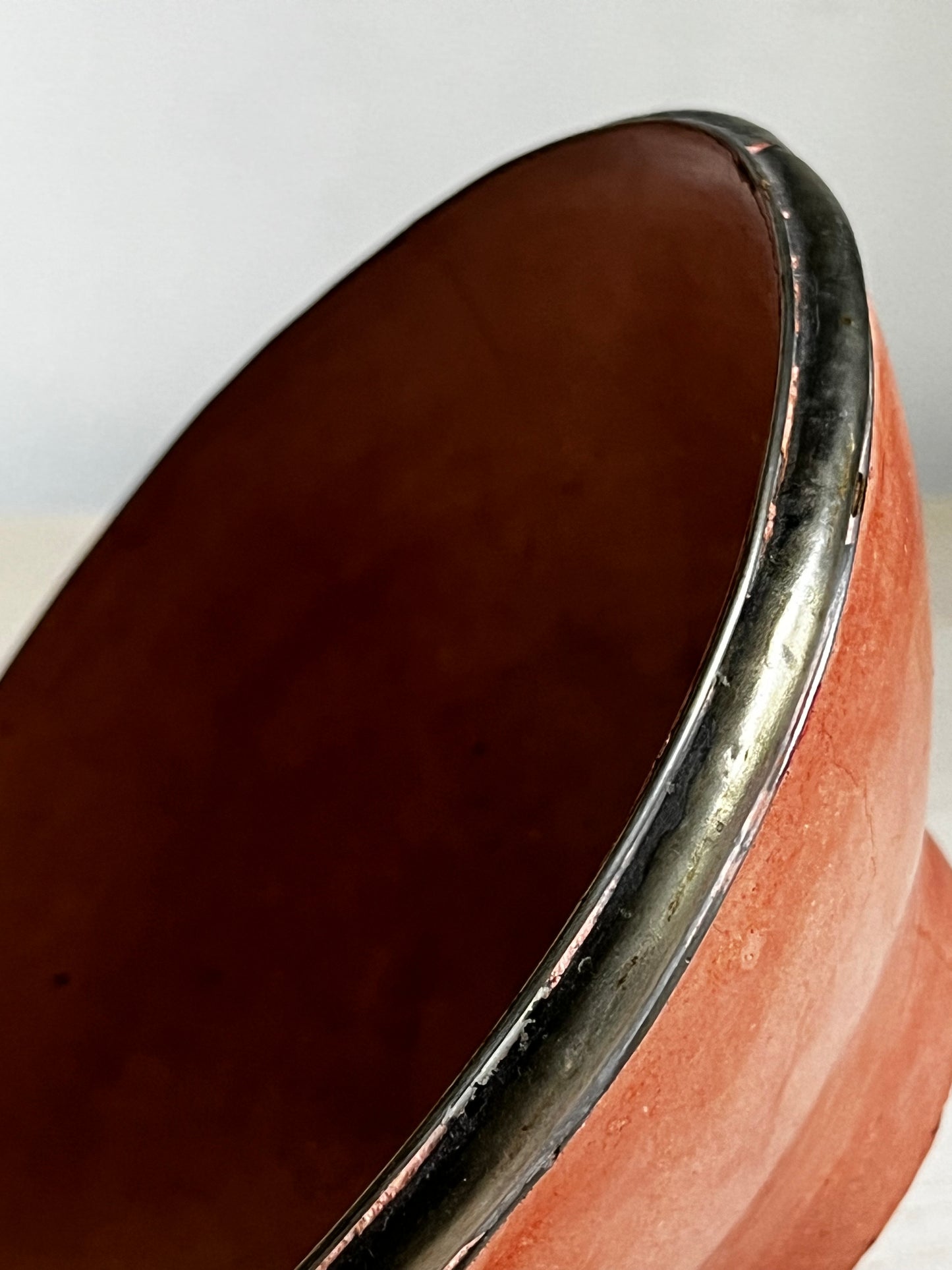 Earthy Modern Coral Ceramic Bowl with Metal Rim | Sculptural Catchall