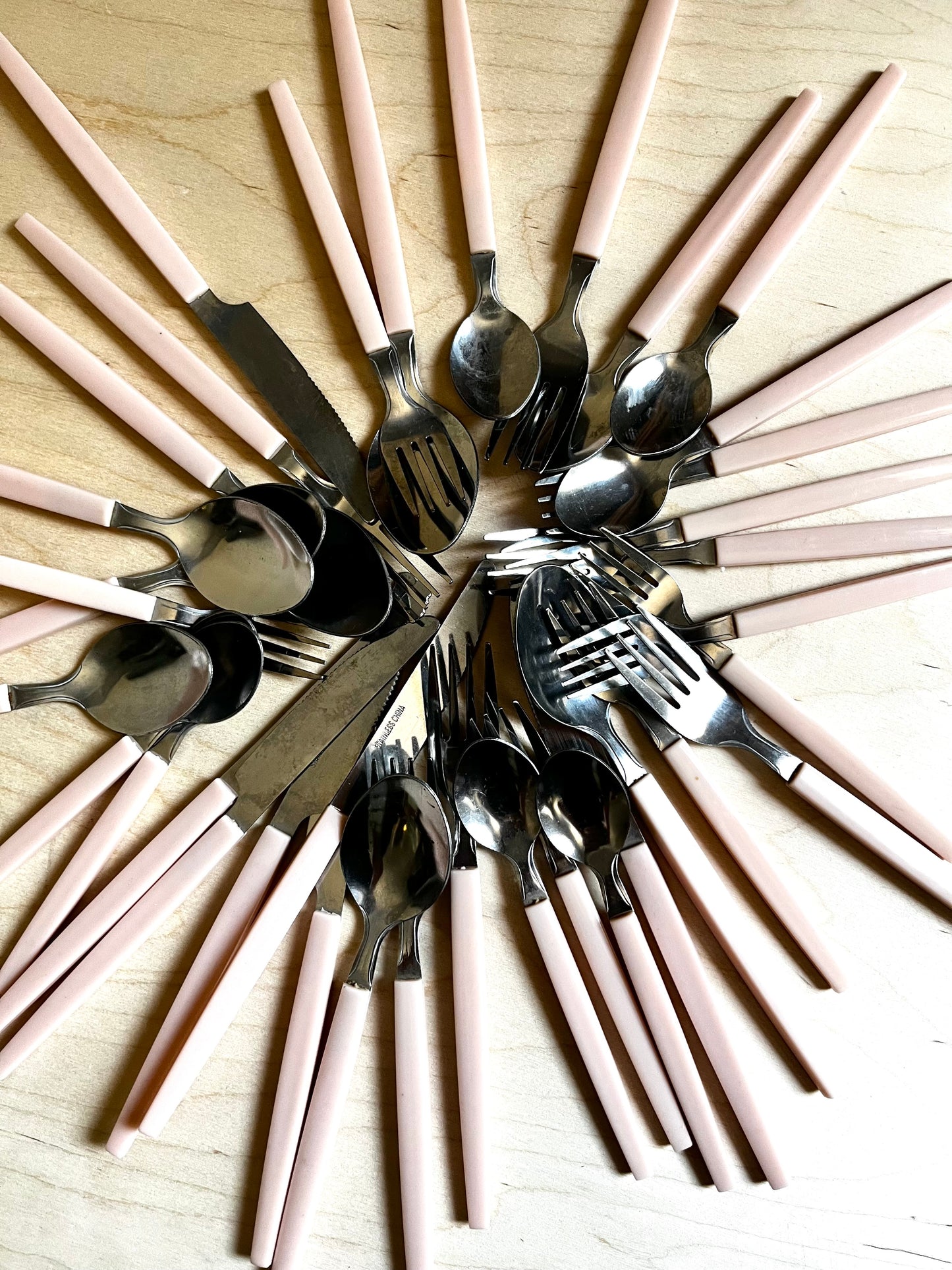 Vintage Blush Pink Flatware | 36 Piece Mid Century Stainless Steel Cutlery Set | Scandinavian Modern