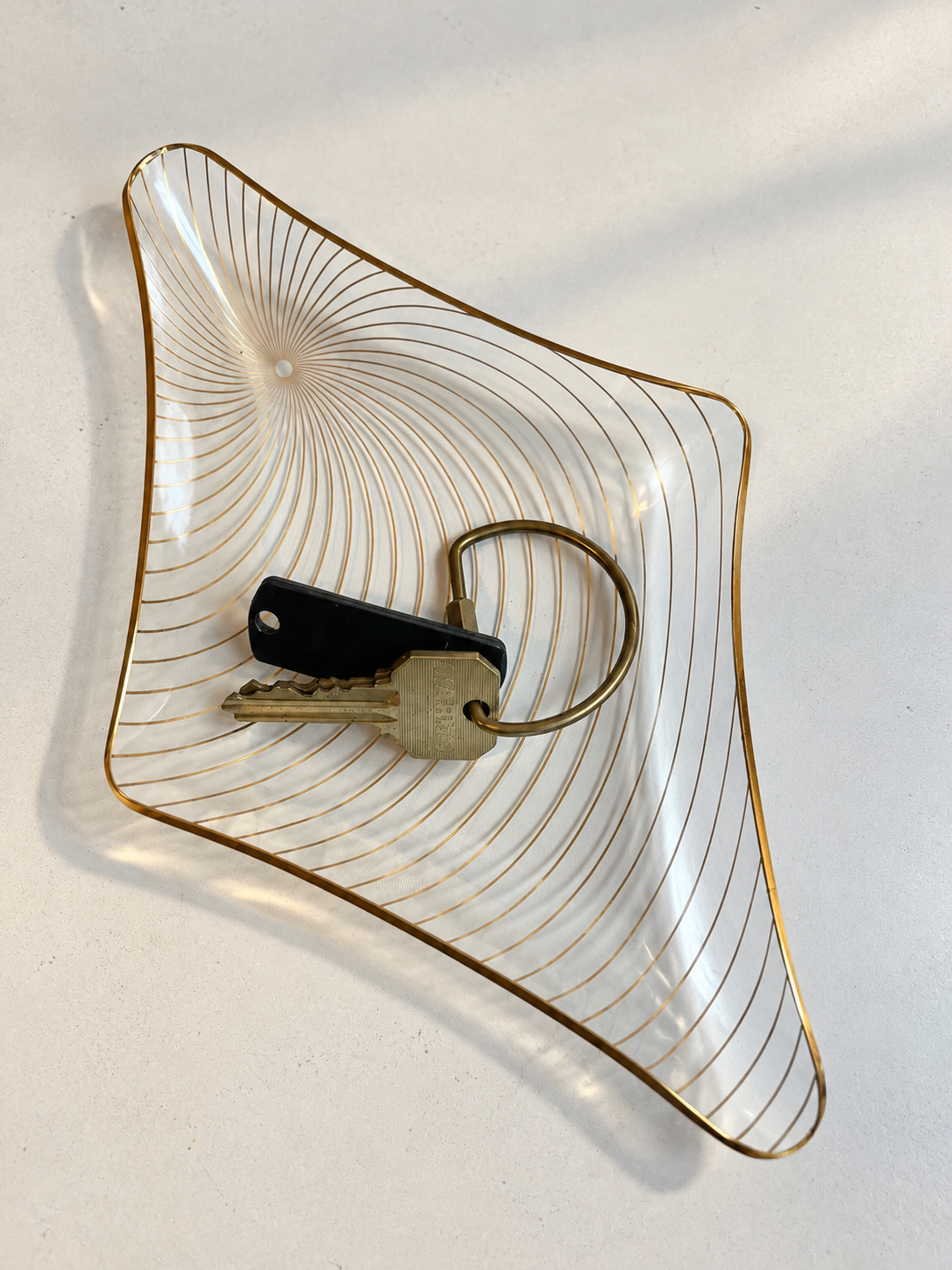 Mid-Century Modern Glass Catchall Dish | Gold Spiral Sunburst