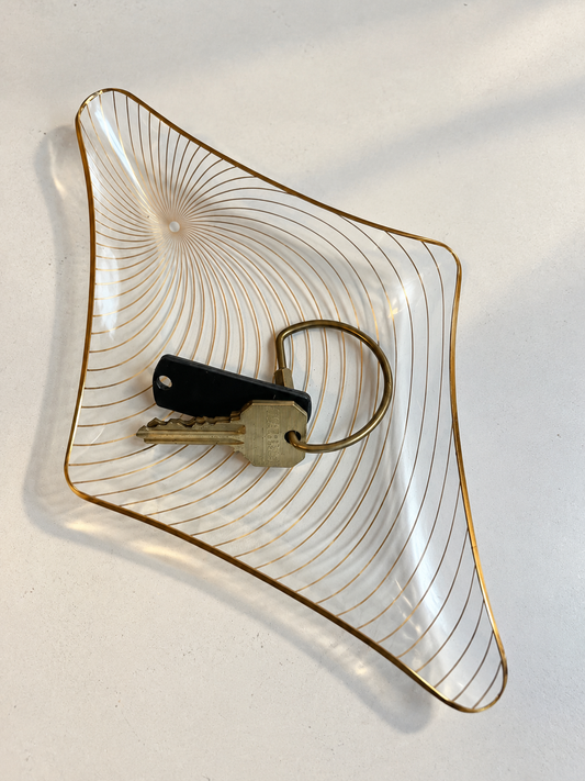 Mid-Century Modern Glass Catchall Dish | Gold Spiral Sunburst