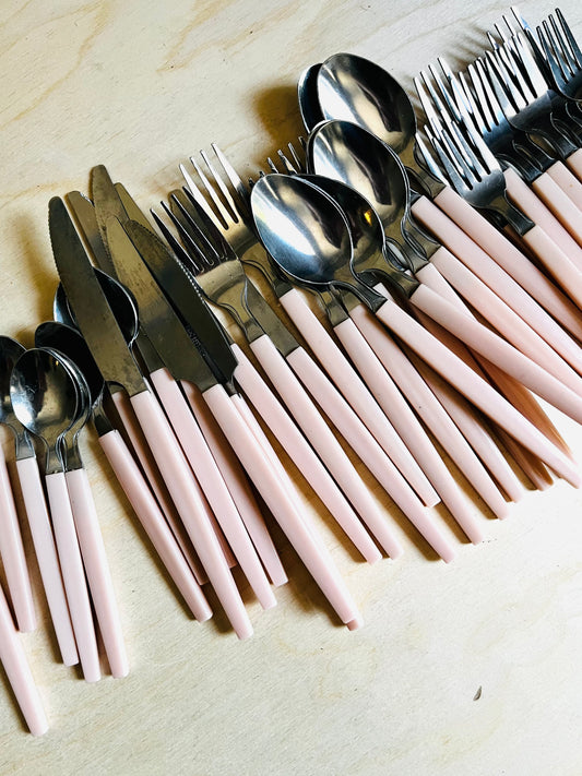 Vintage Blush Pink Flatware | 36 Piece Mid Century Stainless Steel Cutlery Set | Scandinavian Modern
