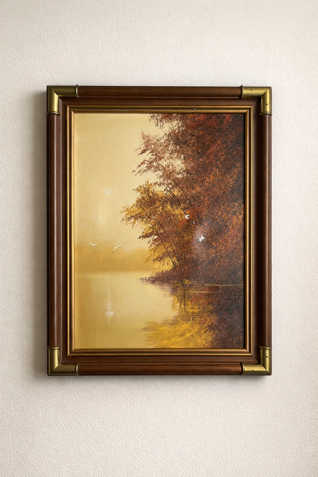 Vintage Autumn Lake Oil Painting in Brass & Wood Frame