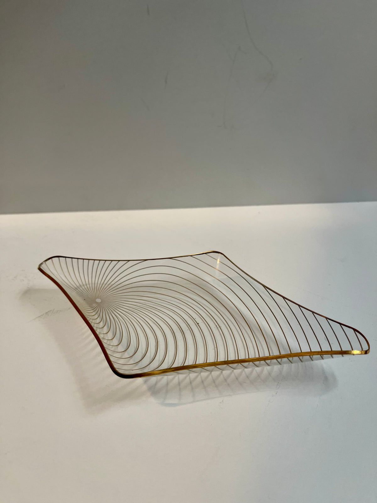 Mid-Century Modern Glass Catchall Dish | Gold Spiral Sunburst