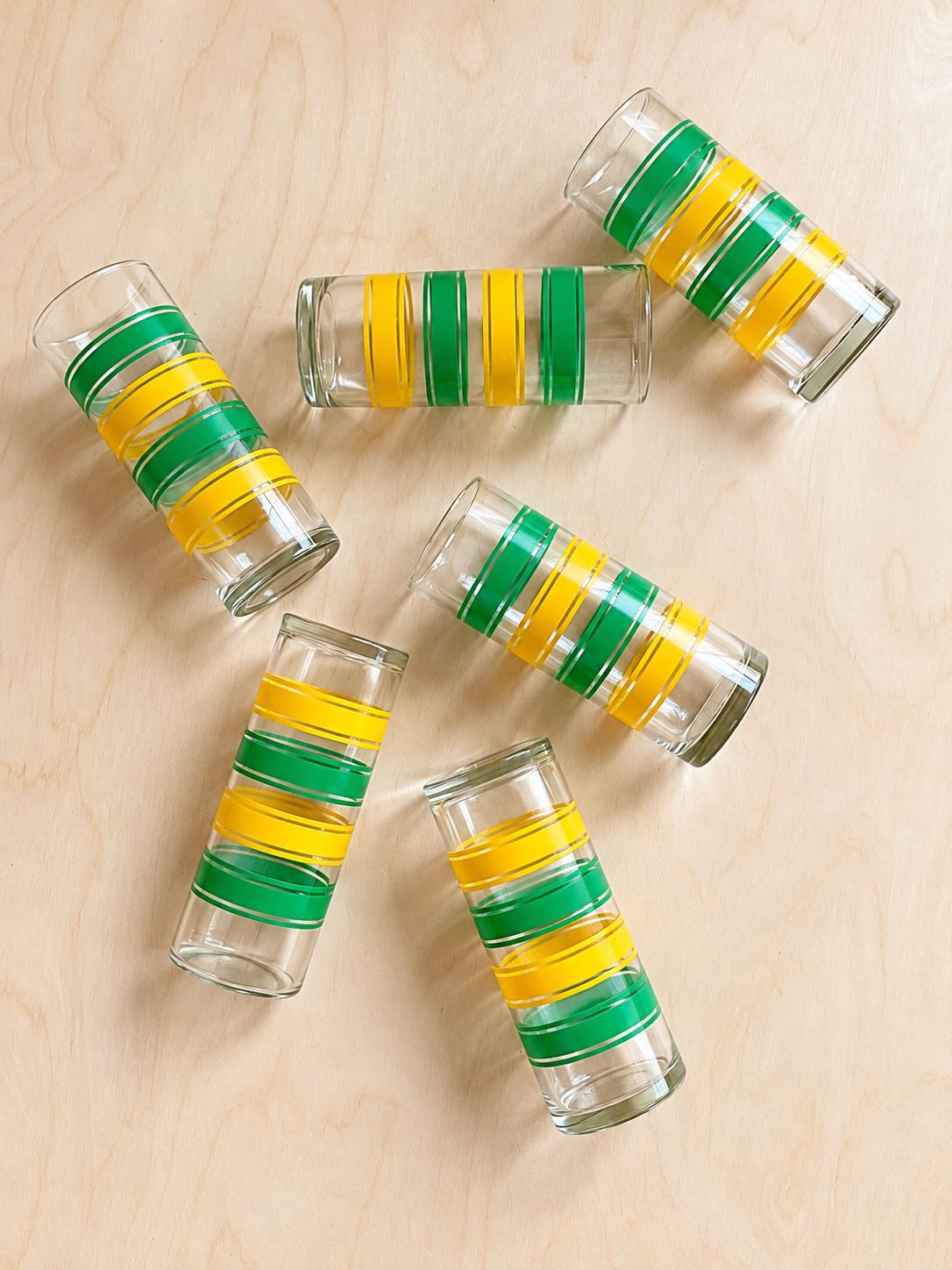 Mid-Century Modern Green & Yellow Striped Drinking Glasses | Set of 6