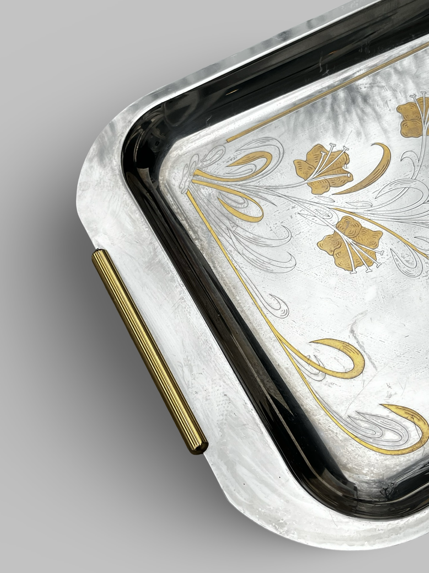 Art Deco Serving Tray | Stainless Steel w. Gold Accents| Made in Italy