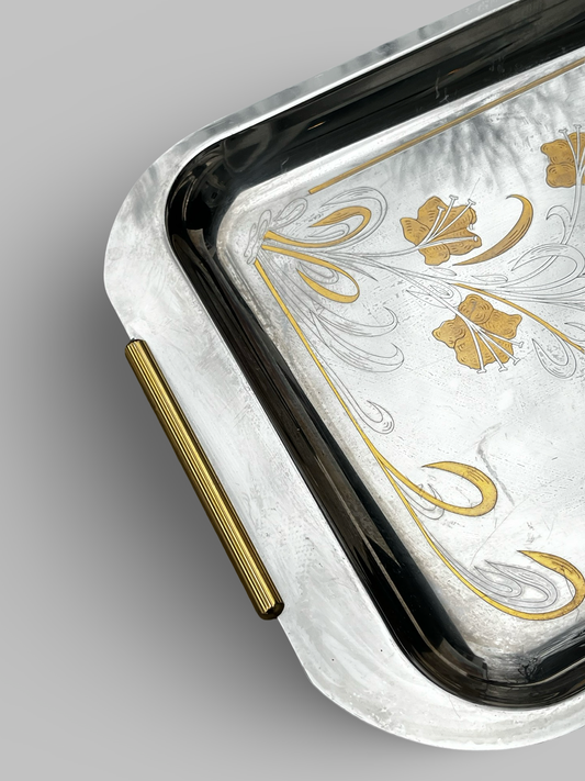 Art Deco Serving Tray | Stainless Steel w. Gold Accents| Made in Italy