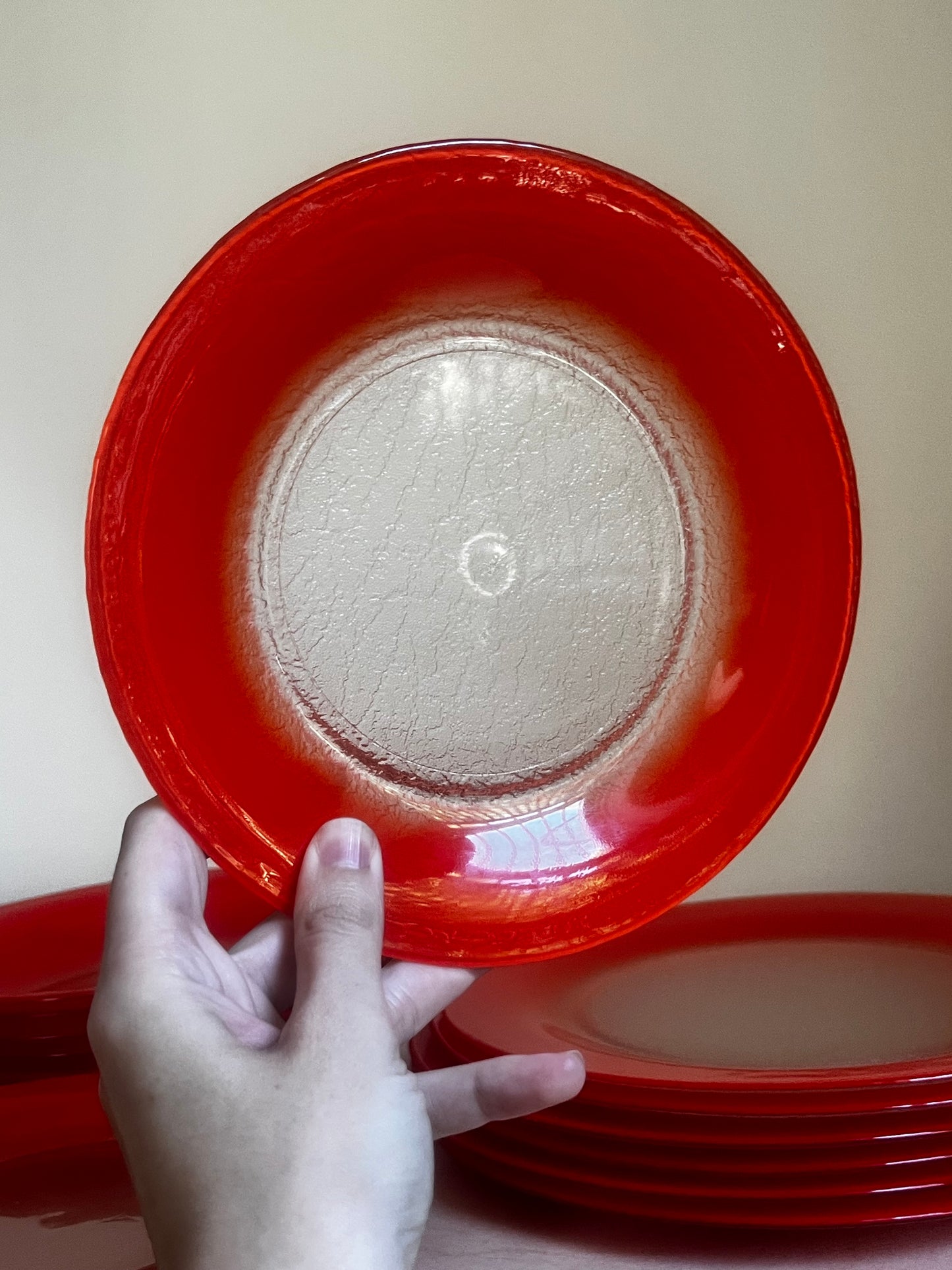 French Textured Glass Dinnerware Set | 18 Pieces |Persimmon Red Orange Glass Plates & Bowls