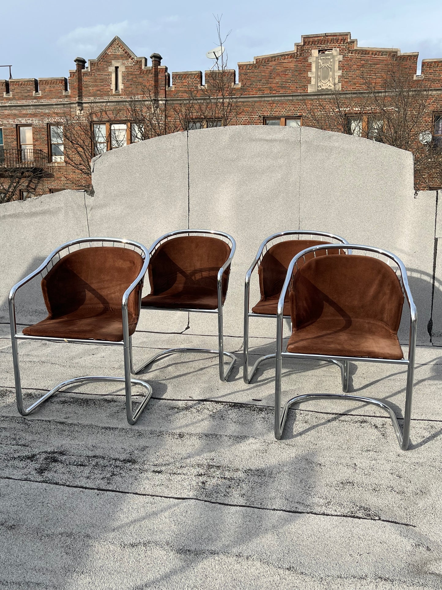Gastone Rinaldi Cantilever Chairs | Chrome + Suede | Set of 4