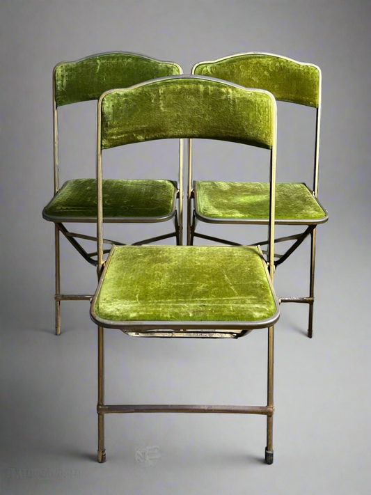 A. Fritz and Co. Folding Chairs – Olive Green Velvet + Brass Frame | Set of 3