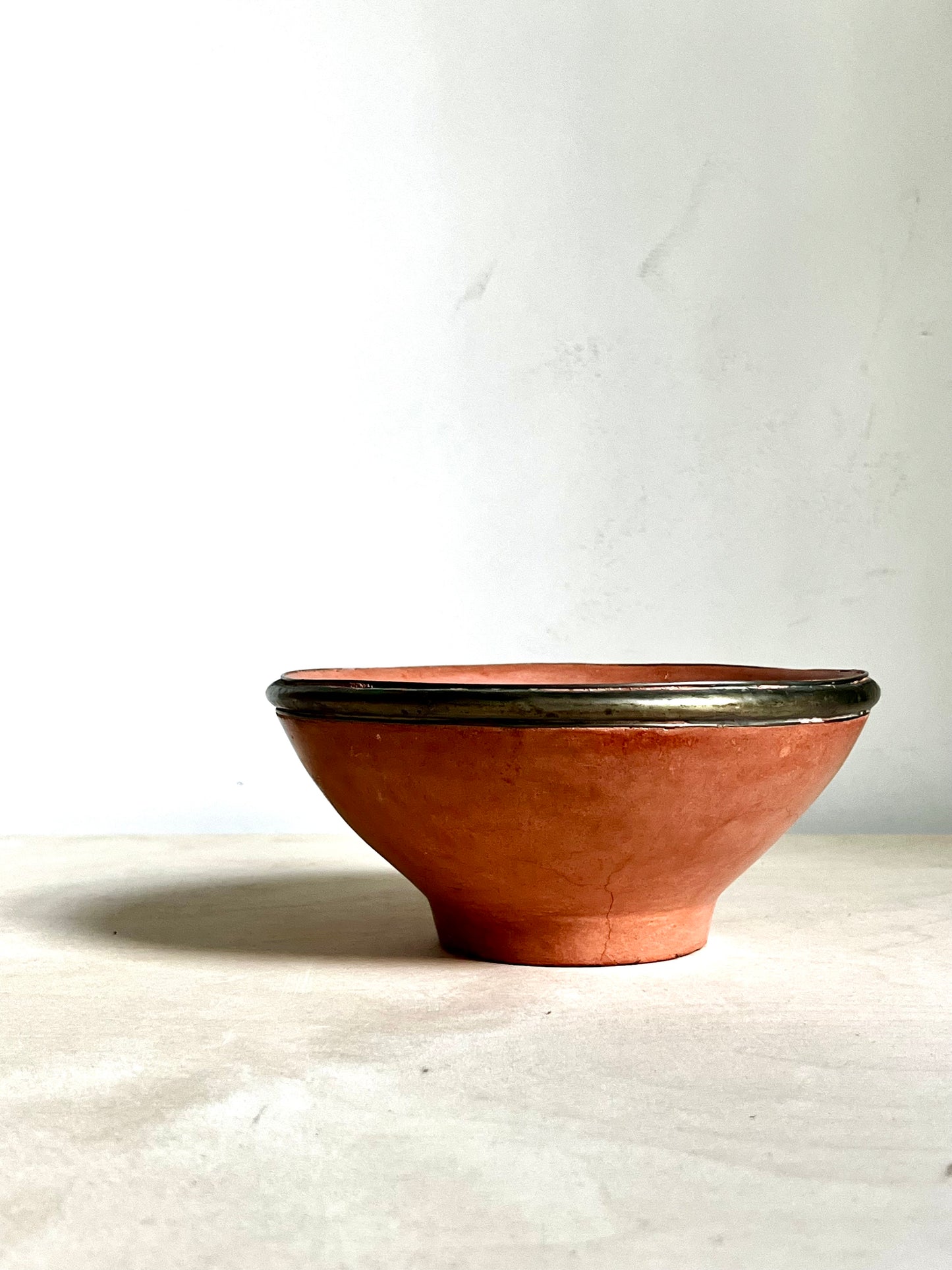 Earthy Modern Coral Ceramic Bowl with Metal Rim | Sculptural Catchall