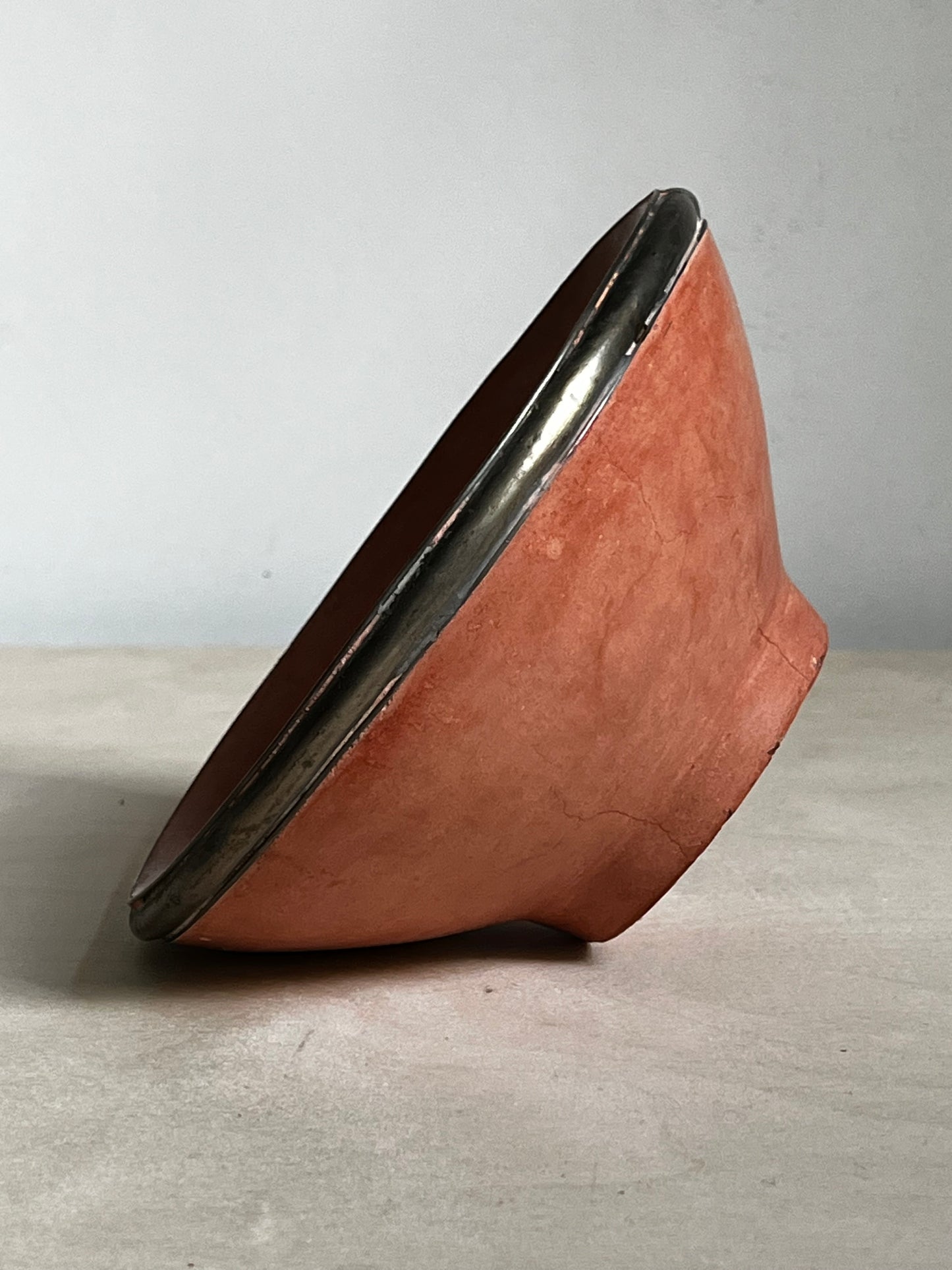 Earthy Modern Coral Ceramic Bowl with Metal Rim | Sculptural Catchall
