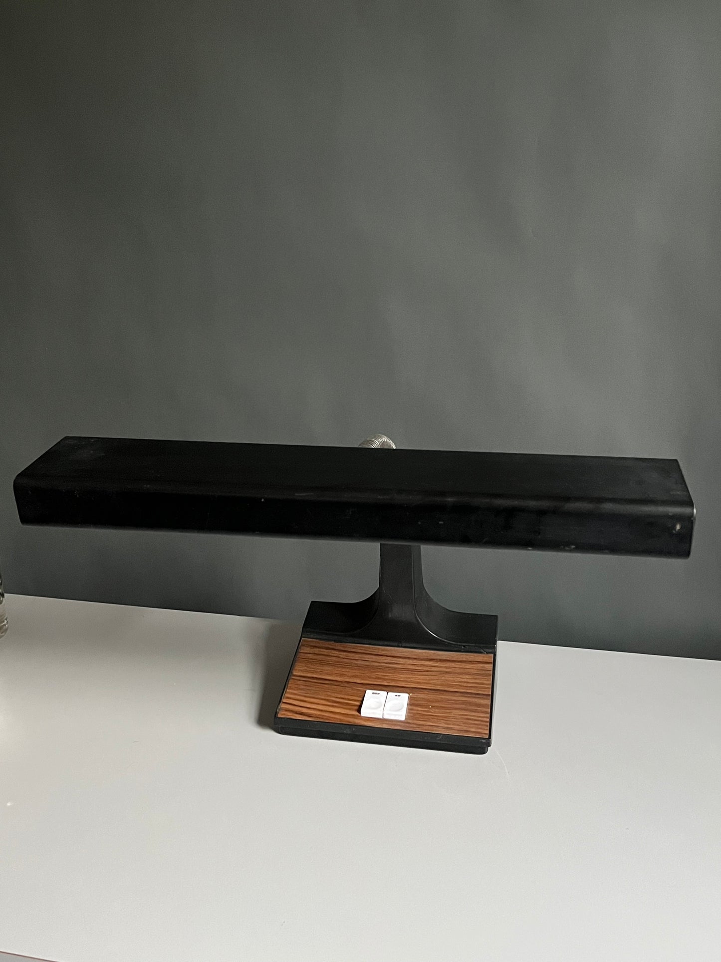 Black Gooseneck Desk Lamp with Woodgrain Base