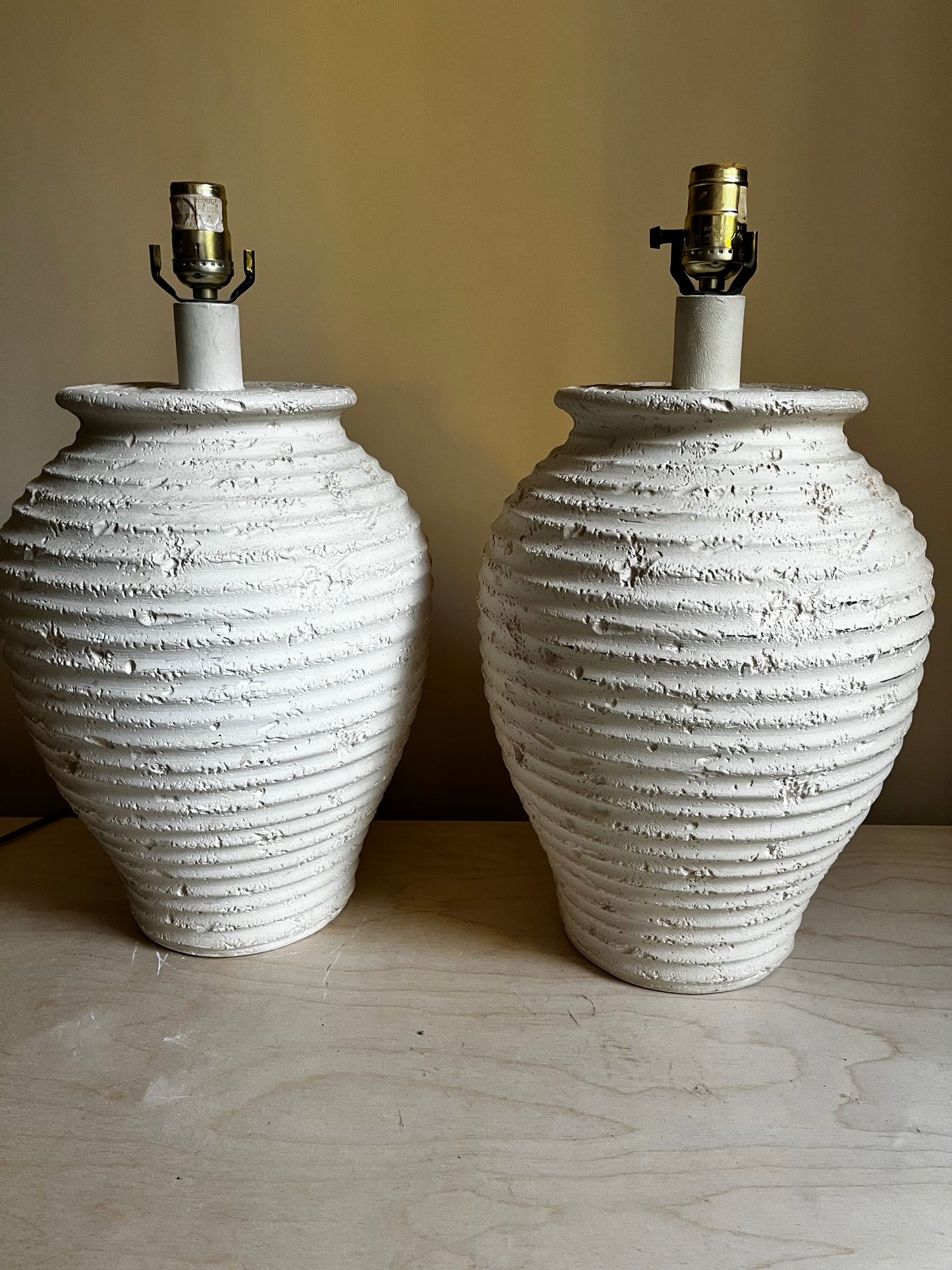 Pair Sculptural Textured Ceramic Table Lamps | 1980s Beehive Organic Modern