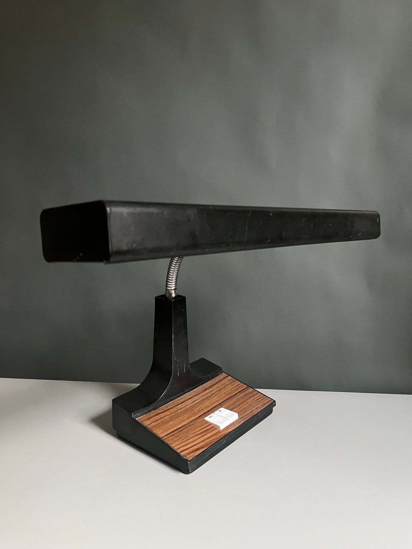 Black Gooseneck Desk Lamp with Woodgrain Base