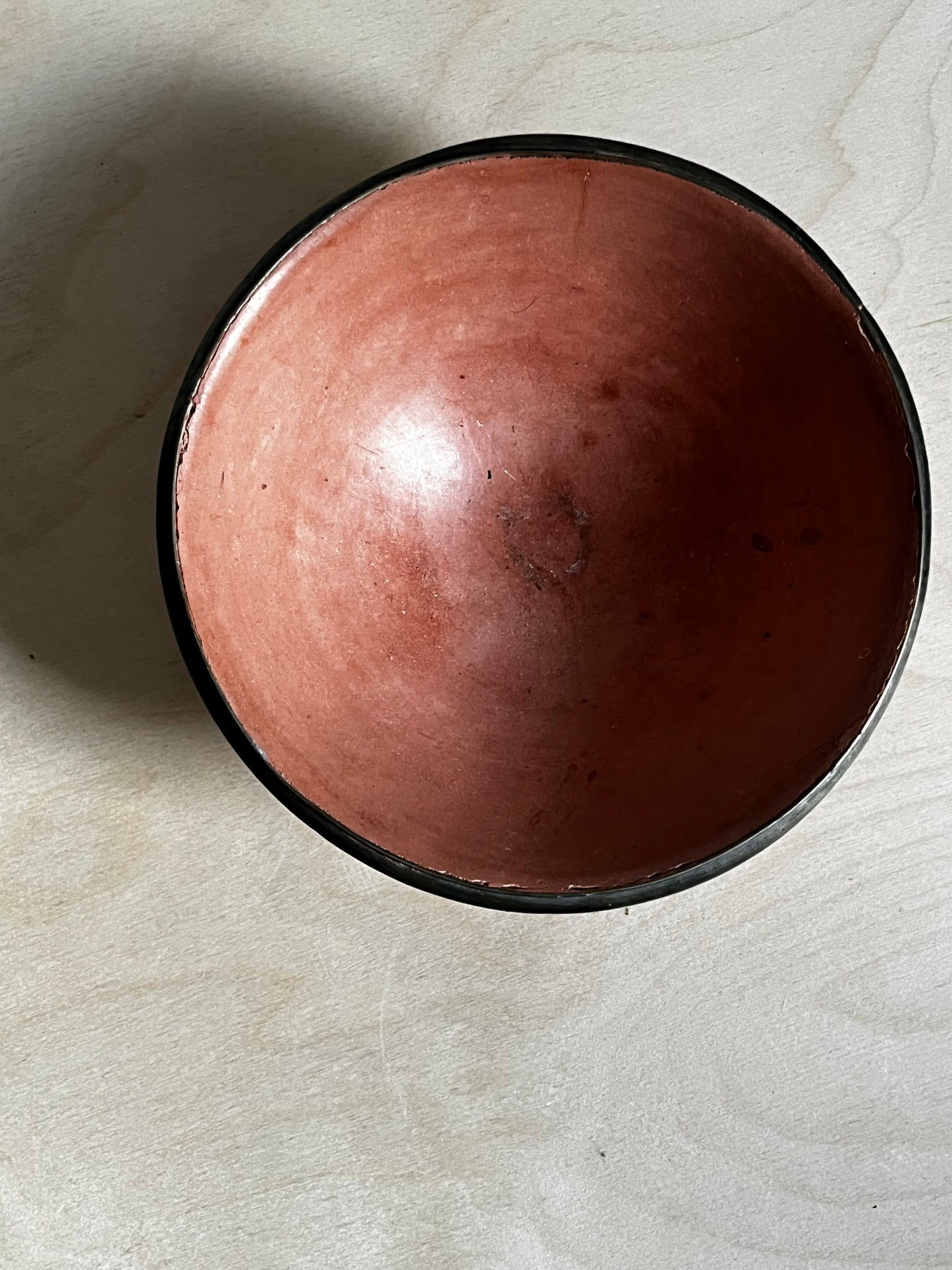 Earthy Modern Coral Ceramic Bowl with Metal Rim | Sculptural Catchall