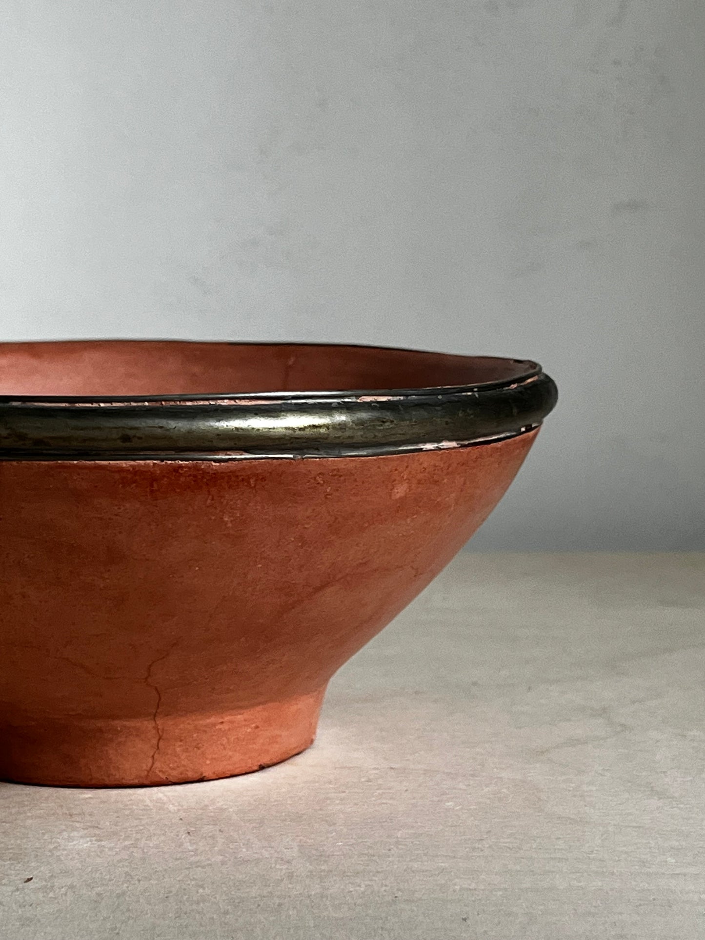 Earthy Modern Coral Ceramic Bowl with Metal Rim | Sculptural Catchall