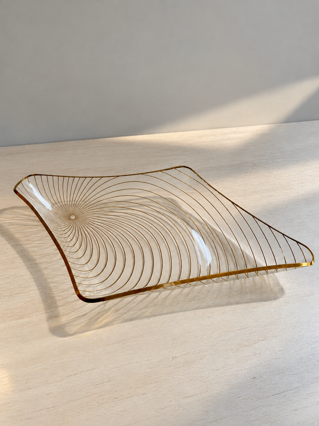 Mid-Century Modern Glass Catchall Dish | Gold Spiral Sunburst
