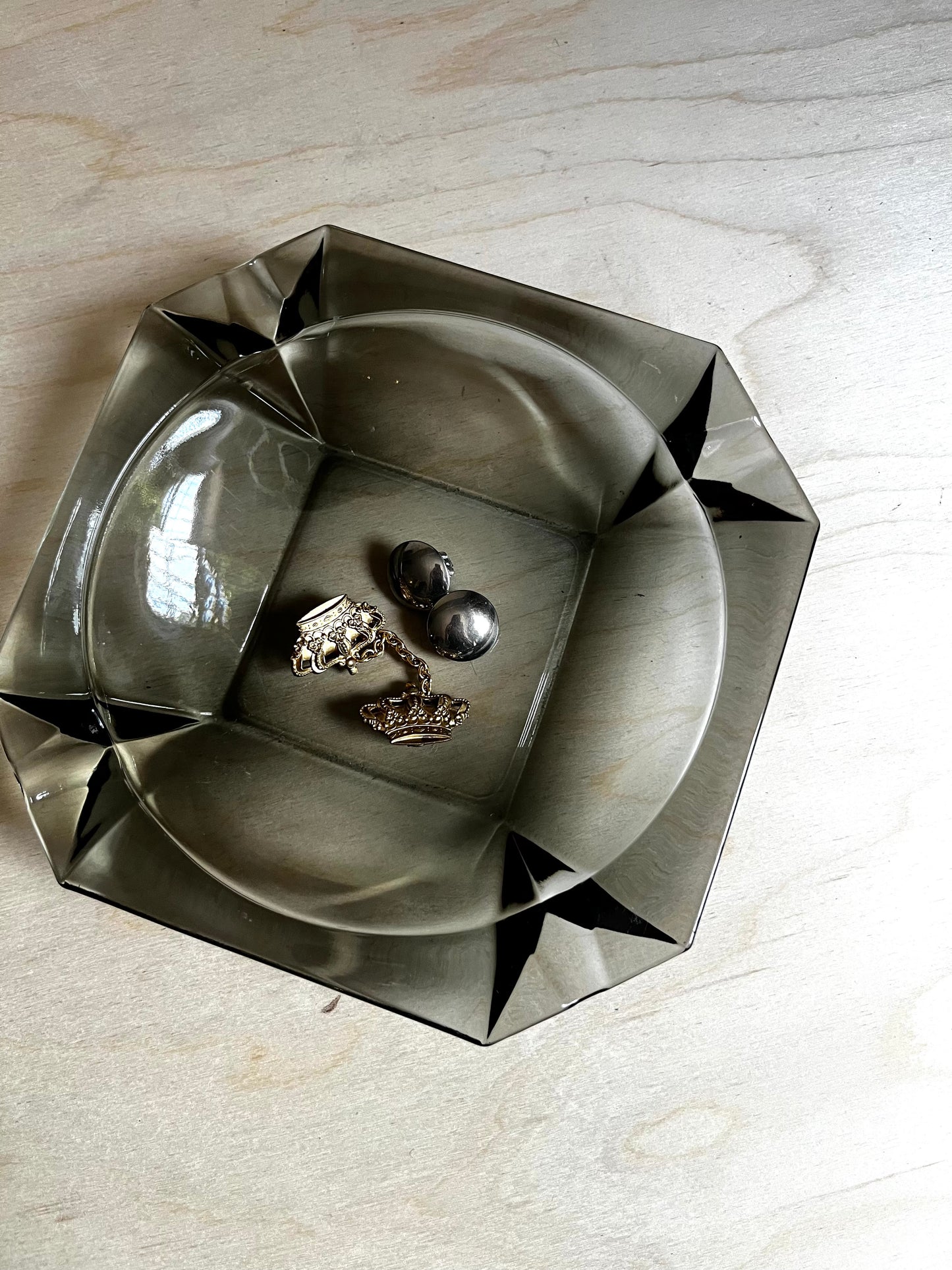 Smoky Glass Geometric Ashtray | Mid Century Modern Catchall Jewelry Dish | Faceted Smoke Glass