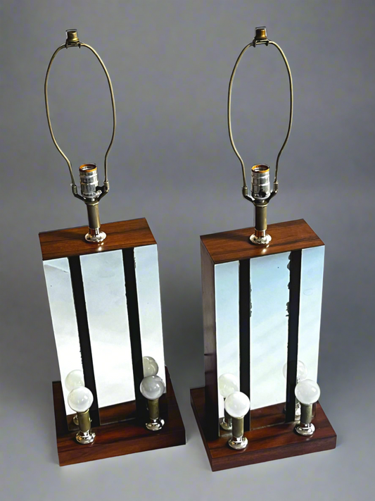 Modern Walnut + Mirror + Acrylic Lamps | Set of 2
