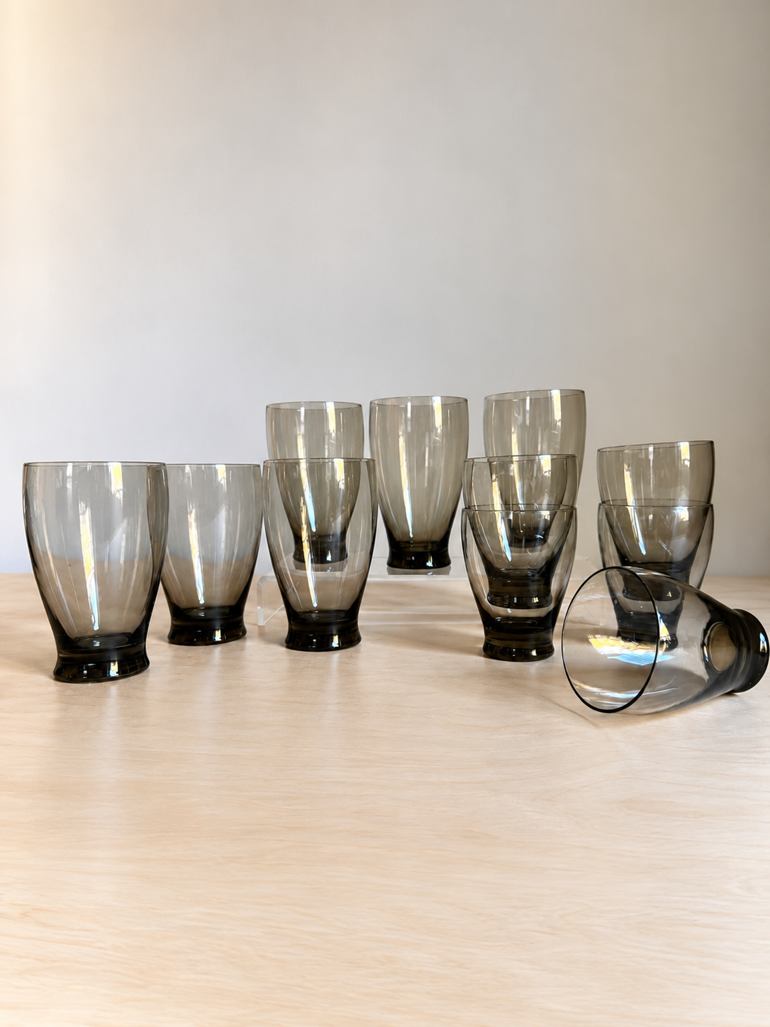 Mid-Century Modern Smoky Gray Drinking Glasses | Set of 11