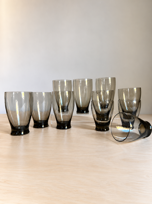 Mid-Century Modern Smoky Gray Drinking Glasses | Set of 11