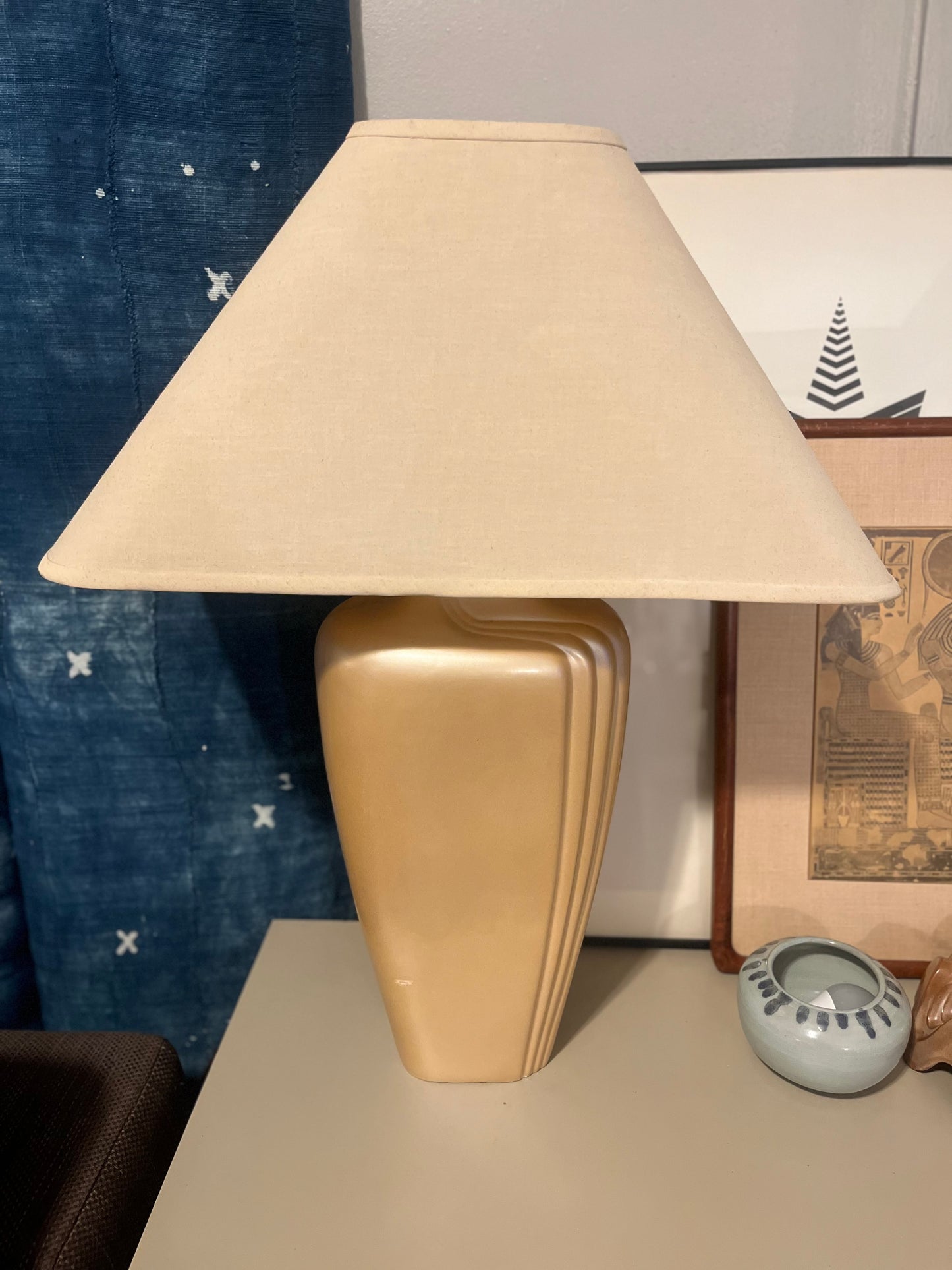 Iridescent Gold Ceramic Lamp with Linen Shade | Art Deco Revival