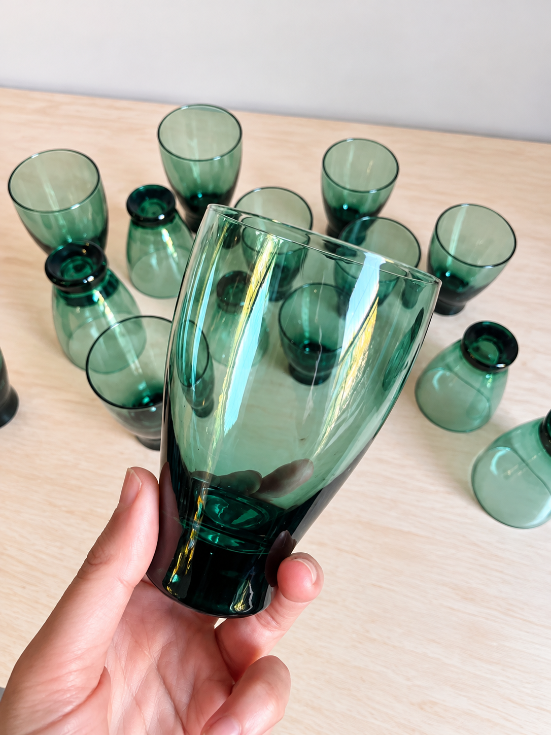 Mid-Century Modern Emerald Green Glassware | Set of 15