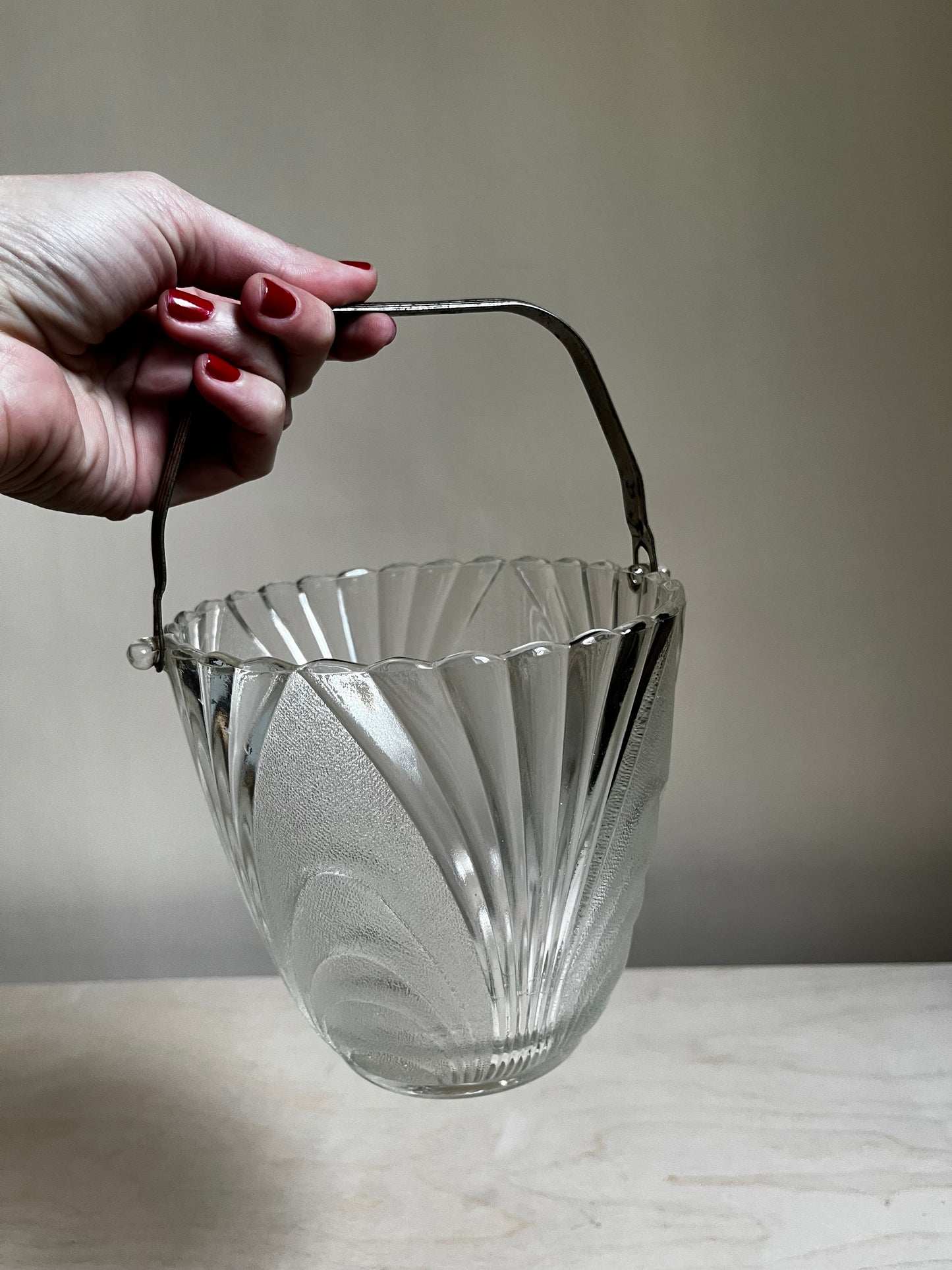Brockway Glass “Nouveau” Ice Bucket | Mid Century Frosted Swirl Glass Barware