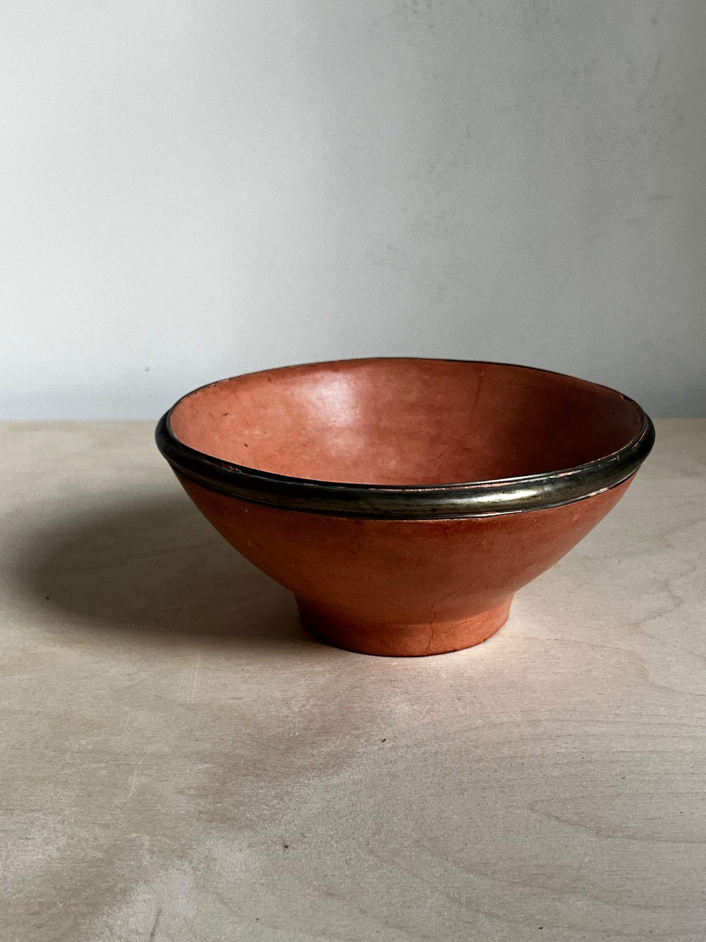 Earthy Modern Coral Ceramic Bowl with Metal Rim | Sculptural Catchall