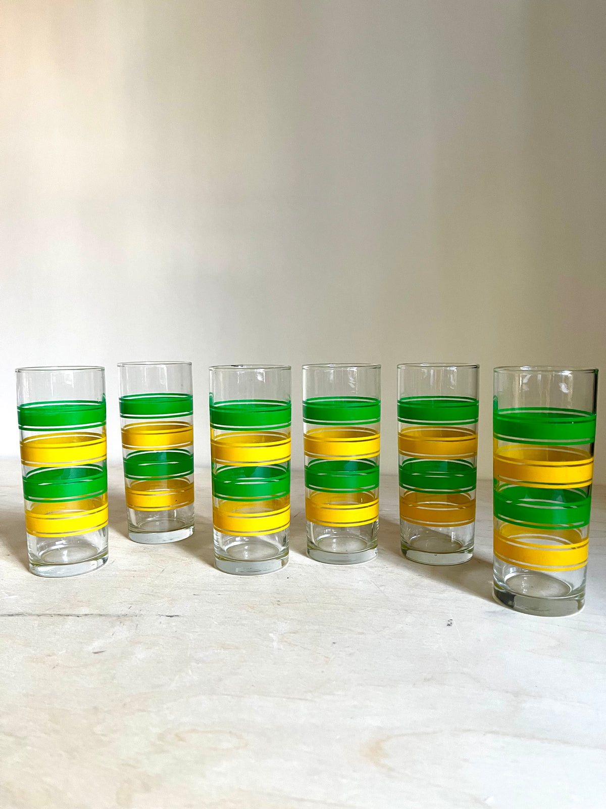 Mid-Century Modern Green & Yellow Striped Drinking Glasses | Set of 6