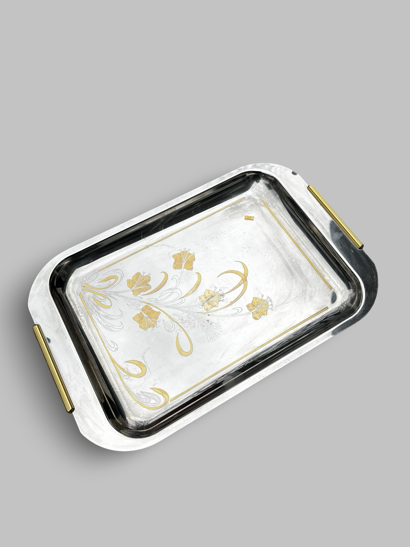 Art Deco Serving Tray | Stainless Steel w. Gold Accents| Made in Italy