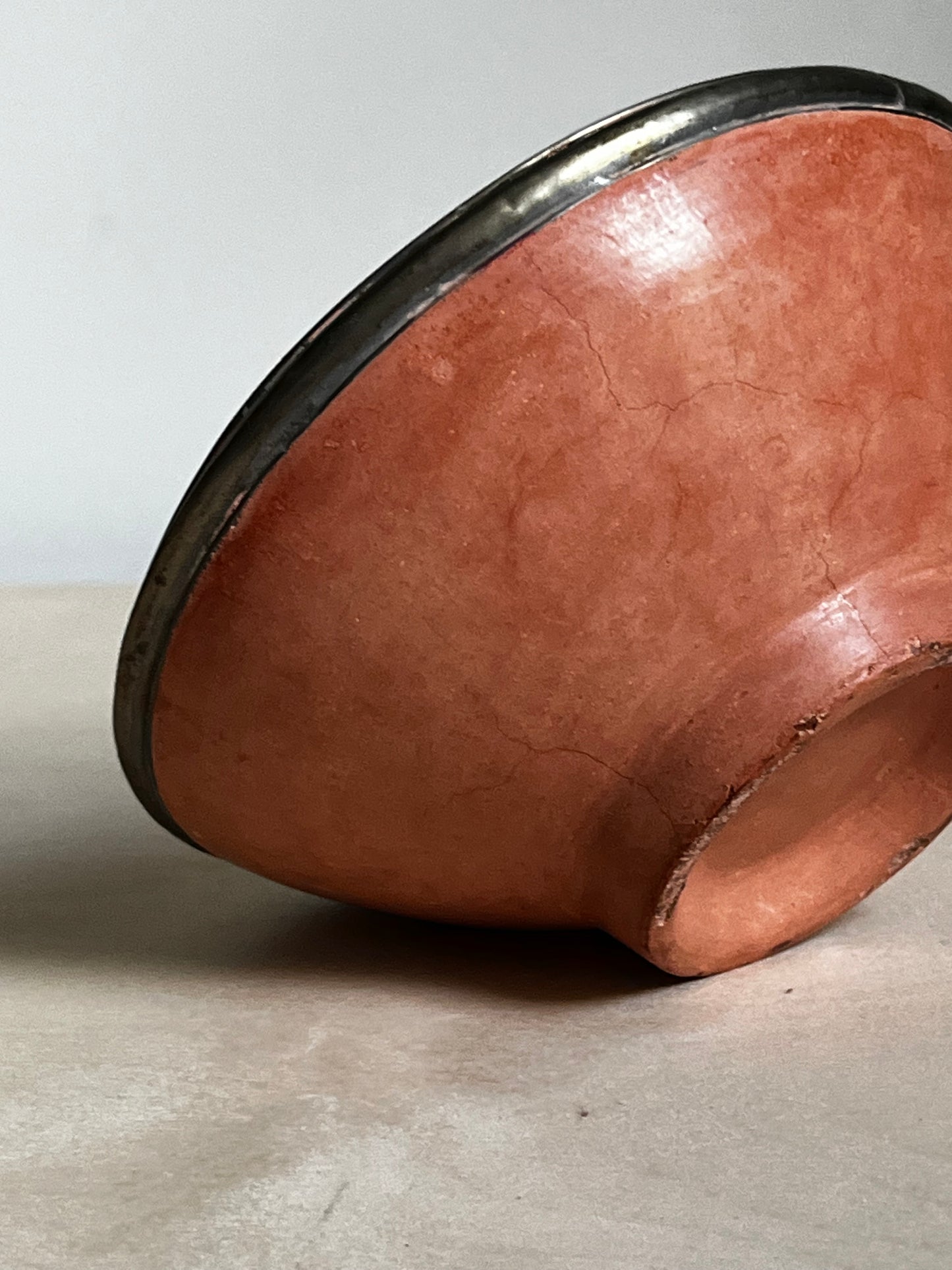 Earthy Modern Coral Ceramic Bowl with Metal Rim | Sculptural Catchall
