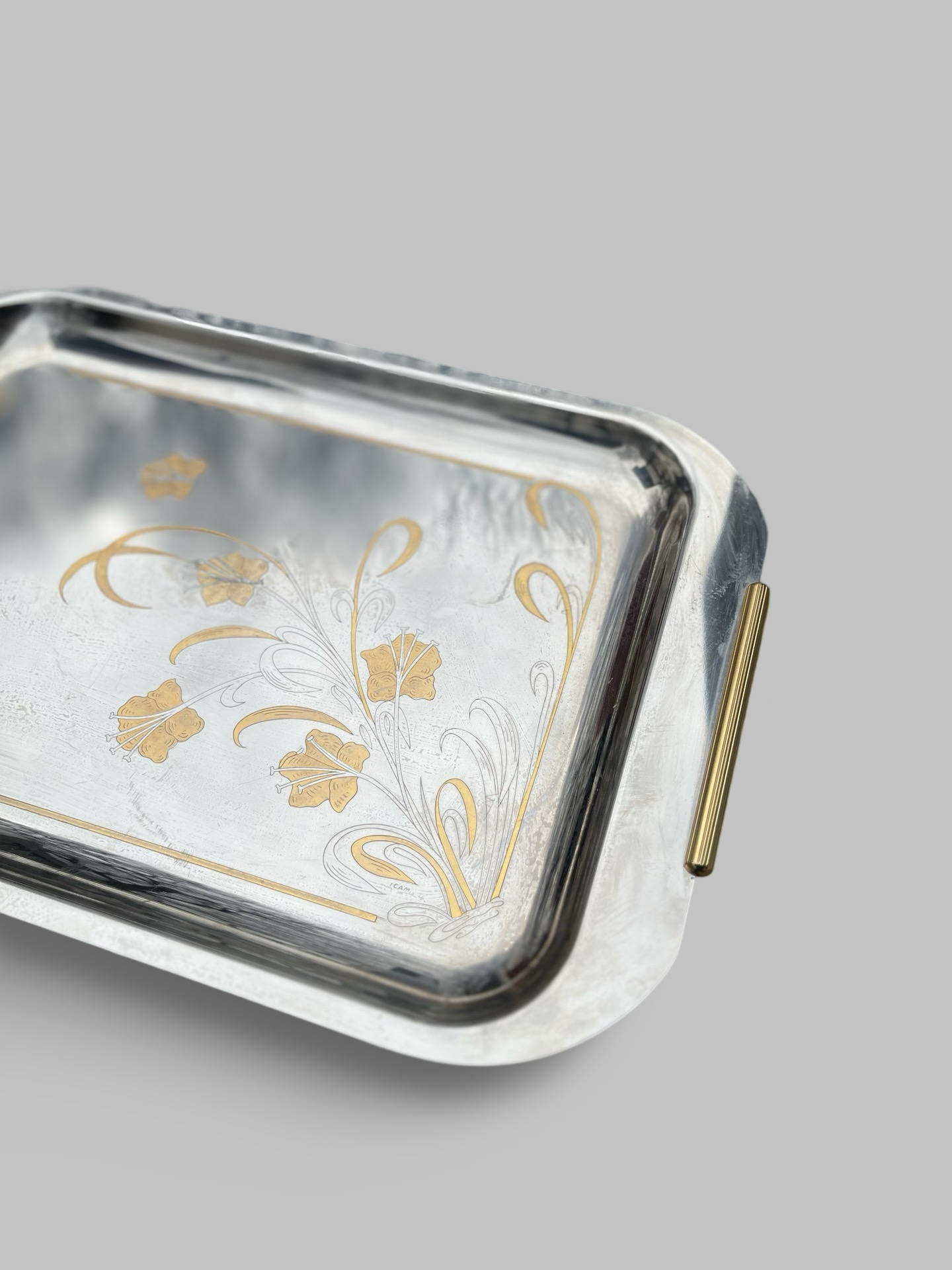 Art Deco Serving Tray | Stainless Steel w. Gold Accents| Made in Italy