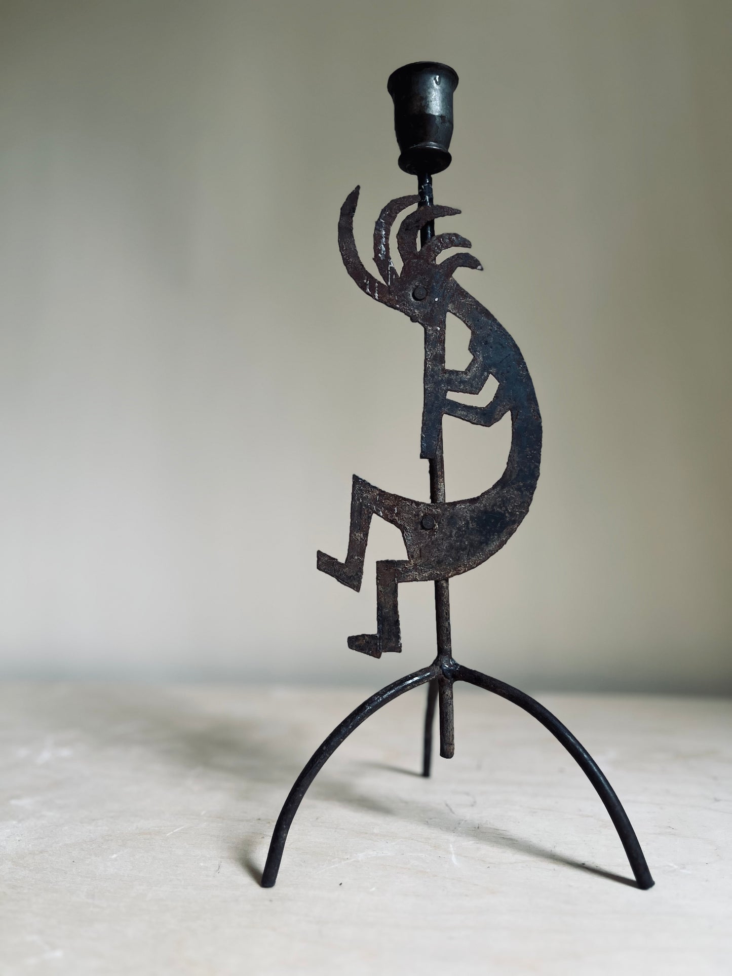 Brutalist Kokopelli Metal Taper Candle Holder | Rustic Southwestern Sculpture | 14.5”