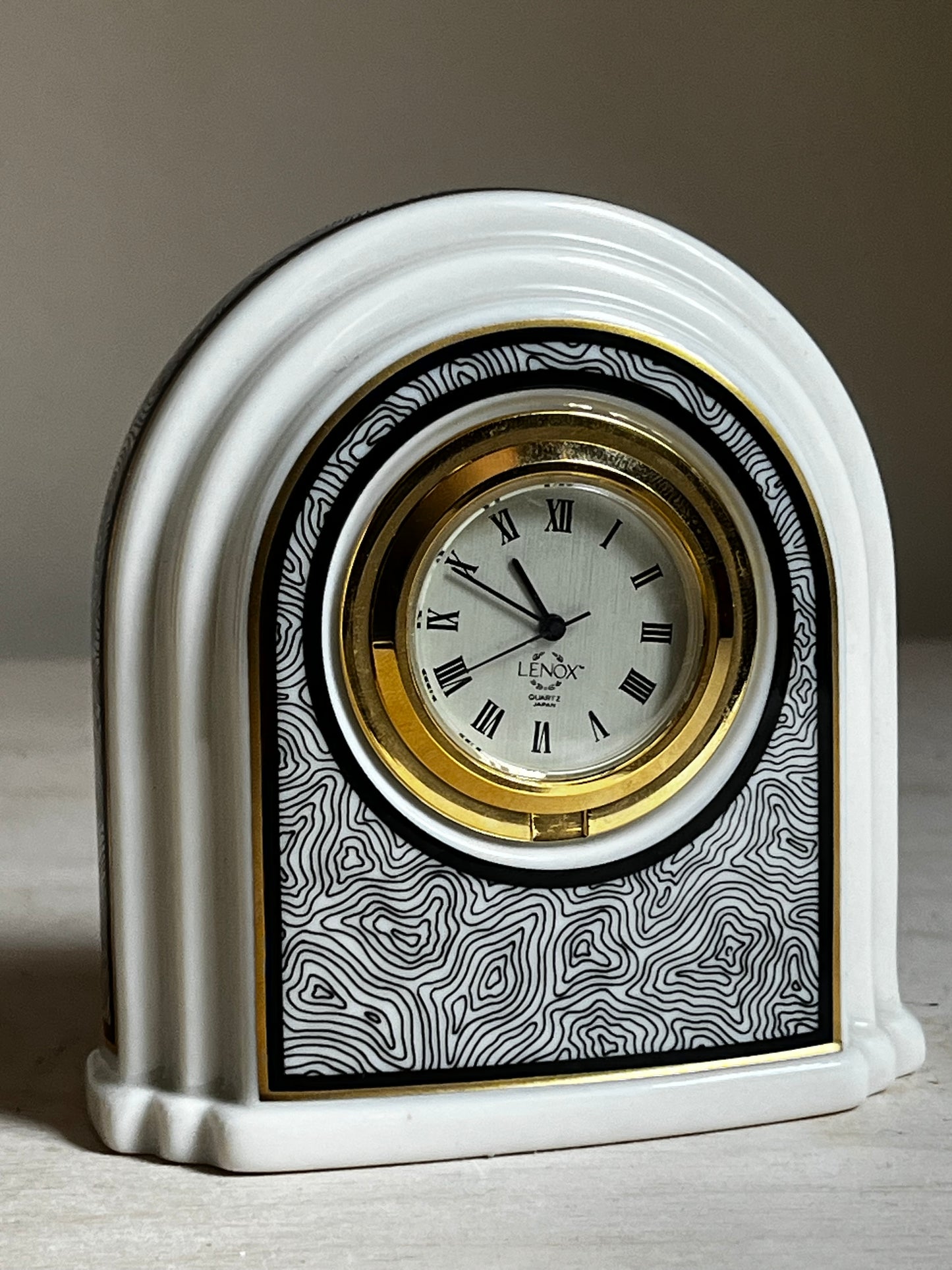 Lenox Porcelain Mini Desk Clock | Art Deco Arch | Topographic Pattern | Quartz Mantel Clock
