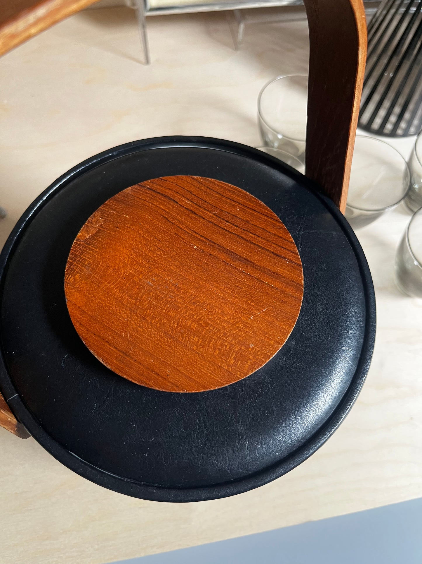 Georges Briard Black Vinyl Ice Bucket with Bentwood Handle & Teak Lid | Mid Century Modern