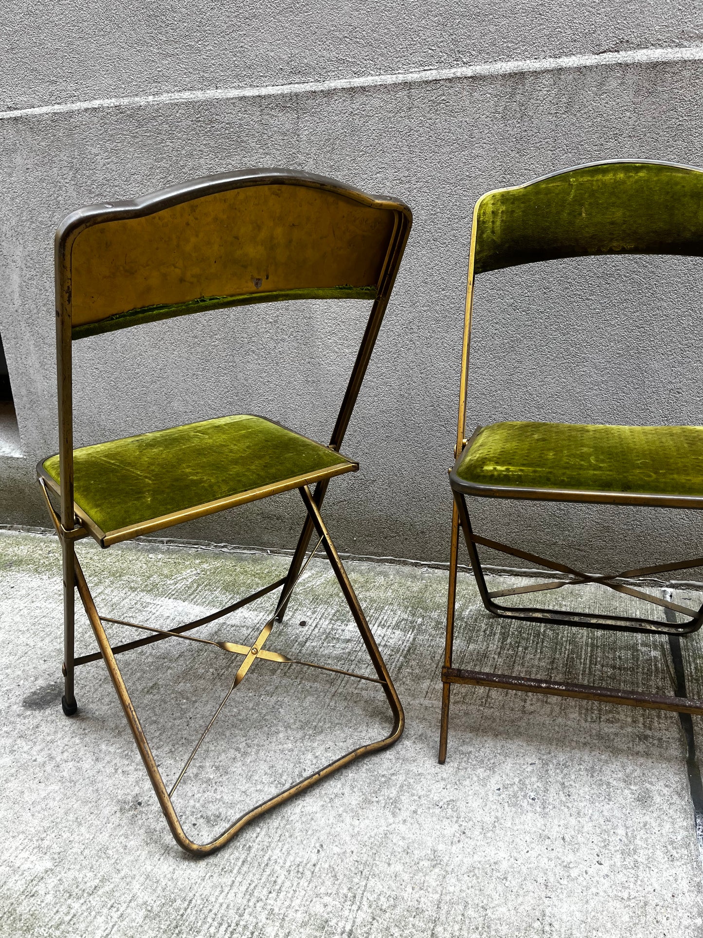 A. Fritz and Co. Folding Chairs – Olive Green Velvet + Brass Frame | Set of 3