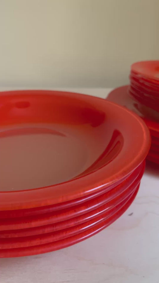 French Textured Glass Dinnerware Set | 18 Pieces |Persimmon Red Orange Glass Plates & Bowls